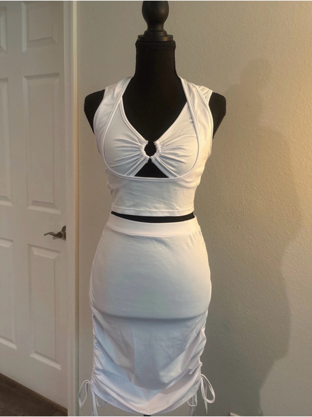 NWOT White Two-Piece Crop Top & Ruched Skirt Set
